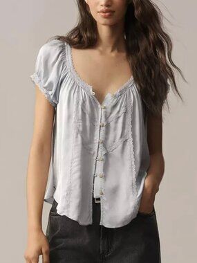 Anthropologie Pilcro Short-Sleeve Silken Top Pale Blue